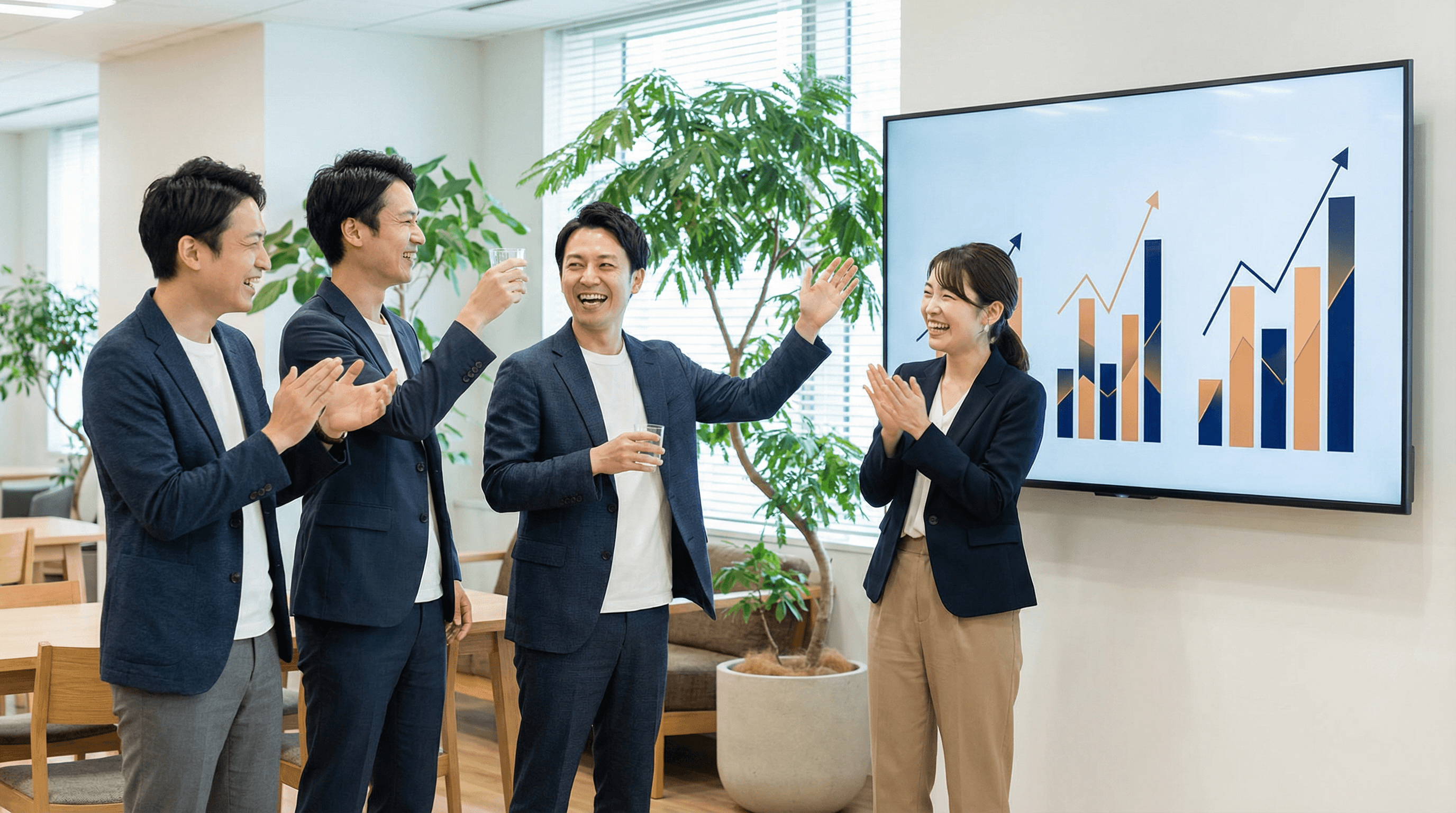 業務時間が削減されたことを示す棒グラフ。笑顔のクライアントとのツーショット写真。
